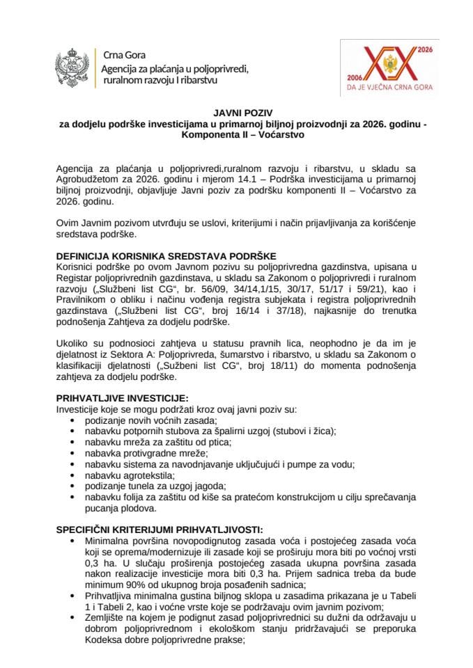 Javni poziv za dodjelu podrške investicijama u primarnoj biljnoj proizvodnji za 2026. godinu - Komponenta II – Voćarstvo