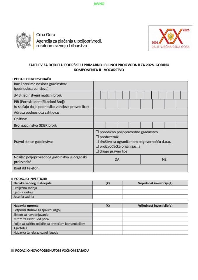 Obrazac zahtjeva za dodjelu podrške za podizanje i modernizaciju, opremanje proizvodnih voånih zasada za 2025. godine