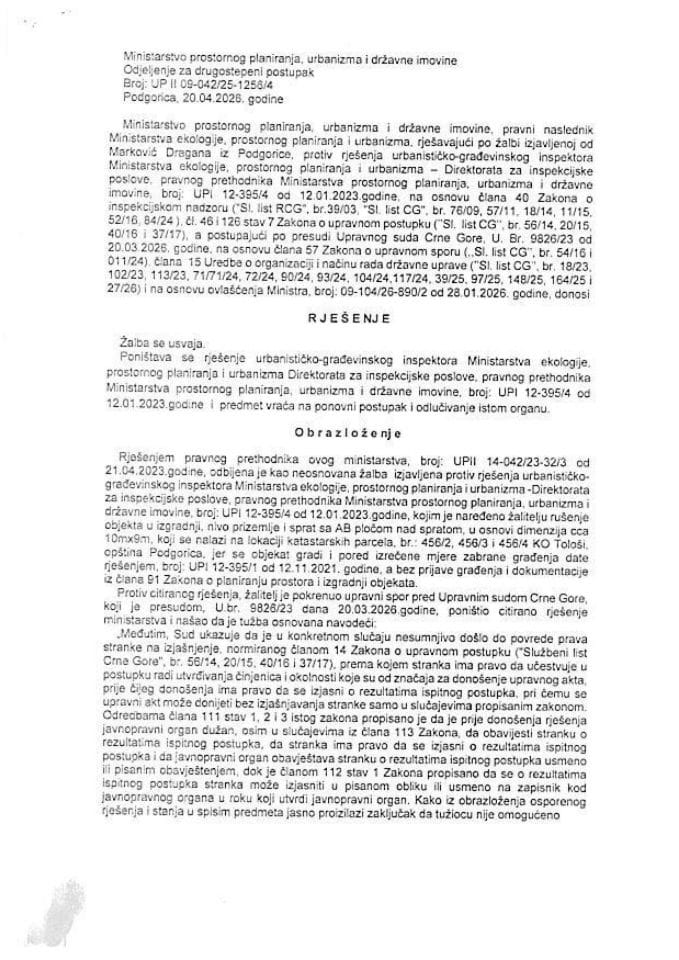 Drugostepena rješenja - UPII 09-042-25-1256-4 DRAGAN MARKOVIĆ