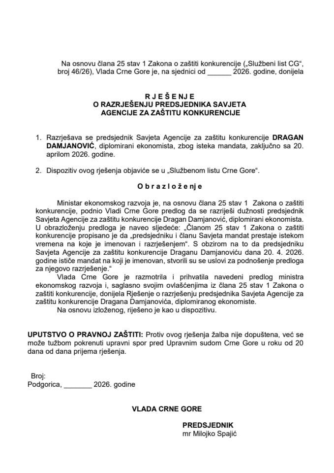 Predlog za razrješenje predsjednika Savjeta Agencije za zaštitu konkurencije