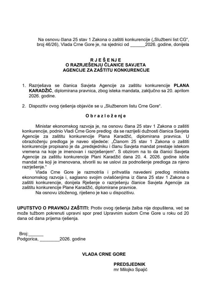 Predlog za razrješenje članice Savjeta Agencije za zaštitu konkurencije