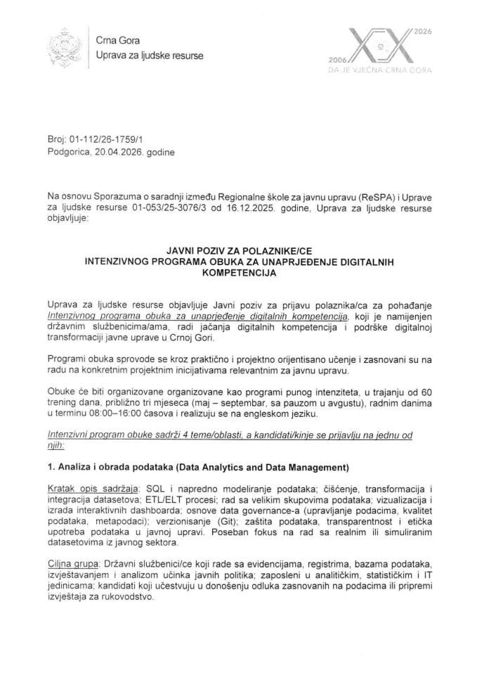 JAVNI POZIV _Intenzivni Program obuka za unaprjeđenje digitalnih kompetencija