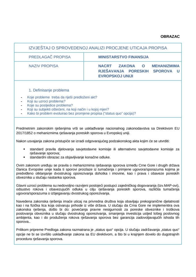 РИА Образац Закон о механизмима рјесавања пореских спорова у Европској унији