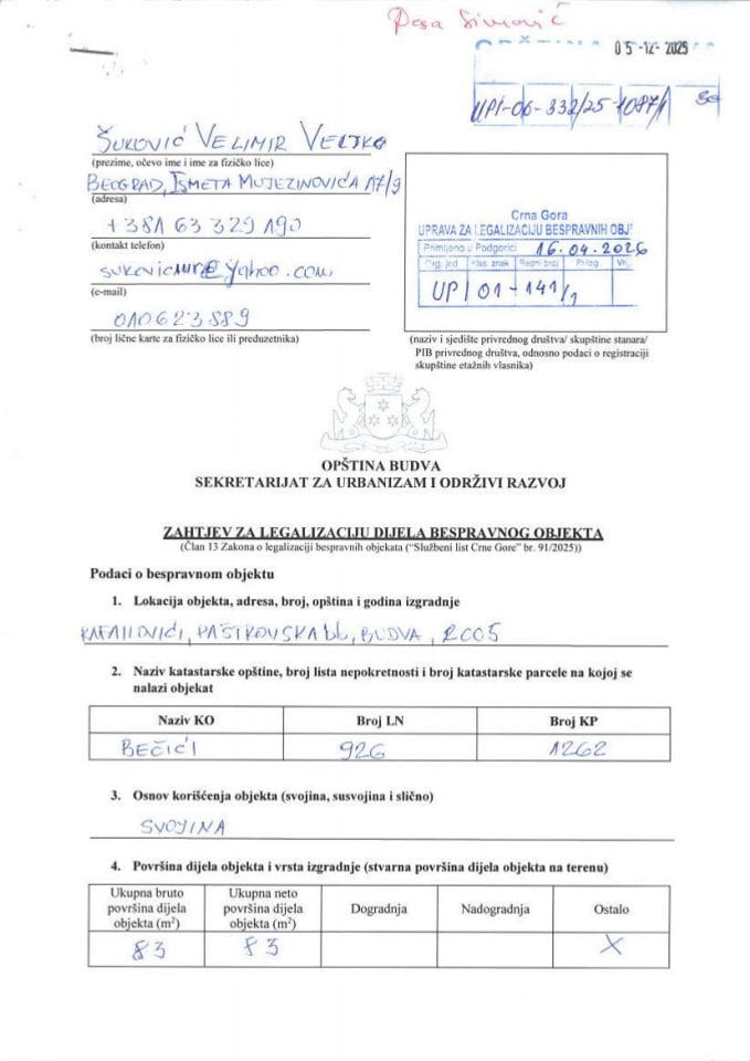 Zahtjevi za legalizaciju bespravnih objekata - UP 01-141-1 od 16.04.2026.