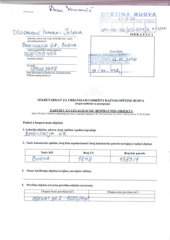 Zahtjevi za legalizaciju bespravnih objekata - UP 01-138-1 od 16.04.2026.