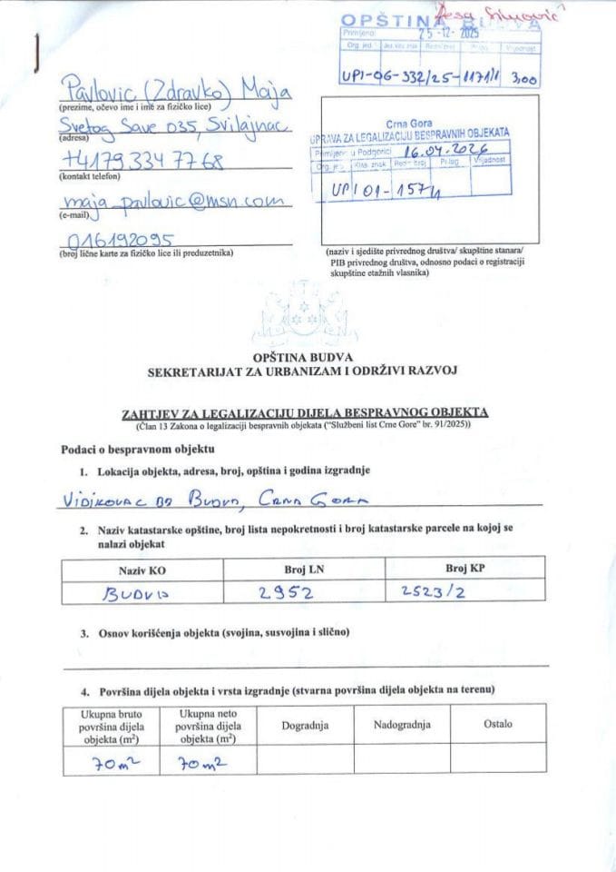 Zahtjevi za legalizaciju bespravnih objekata - UP 01-157-1 od 16.04.2026.