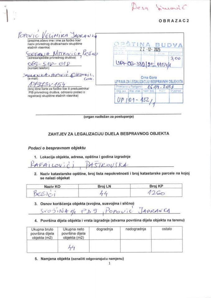 Zahtjevi za legalizaciju bespravnih objekata - UP 01-152-1 od 16.04.2026.