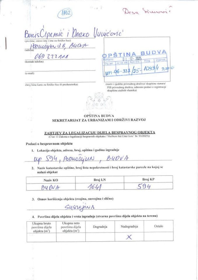 Zahtjevi za legalizaciju bespravnih objekata - UP 01-142-1 od 16.04.2026.