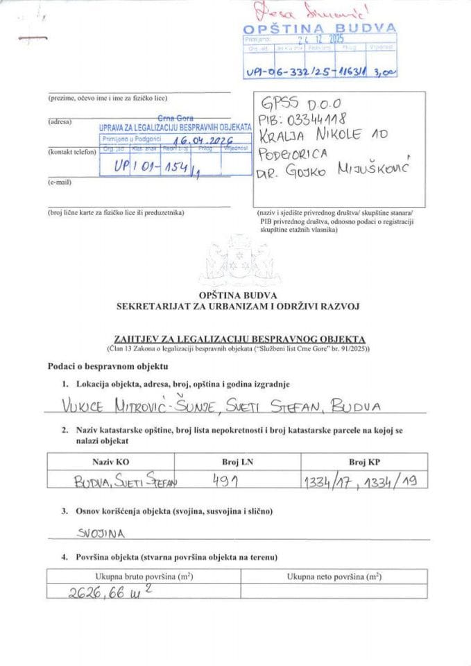 Zahtjevi za legalizaciju bespravnih objekata - UP 01-154-1 od 16.04.2026.