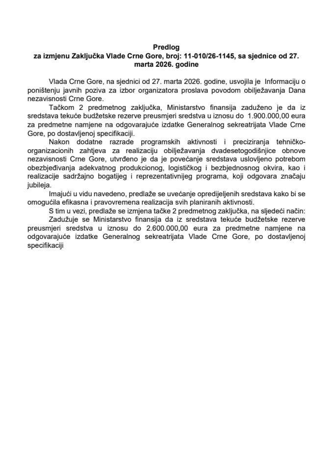 Predlog za izmjenu Zaključka Vlade Crne Gore, broj: 11-010/26-1145/2, od 27. marta 2026. godine