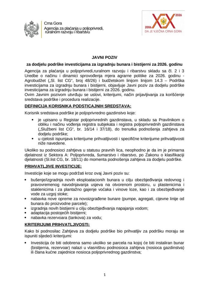 Javni poziv za dodjelu podrške investicijama za izgradnju bunara i bistijerni za 2026. godinu