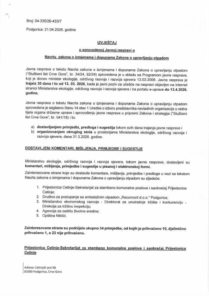 Извјештај о спроведеној Јавној расправи о Нацрту закона о измјенама и допунама Закона о управљању отпадом