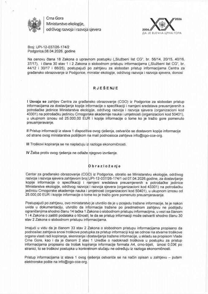 Rješenje po zahtjevu CGO br. UPI-12-037-26-174-2 od 08.04.2026.