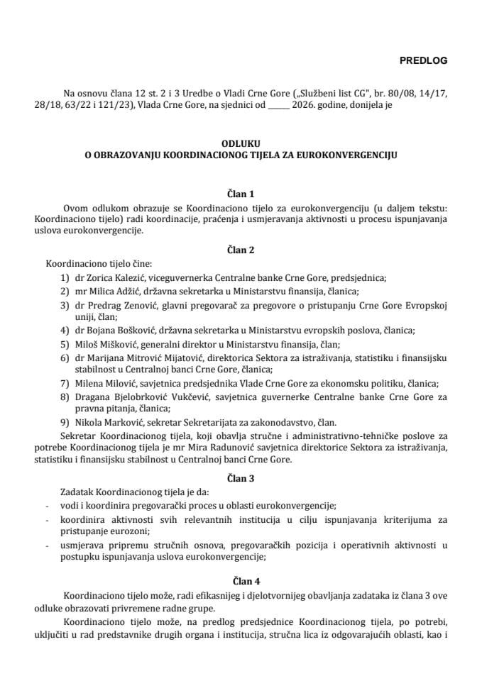 Predlog odluke o obrazovanju Koordinacionog tijela za eurokonvergenciju