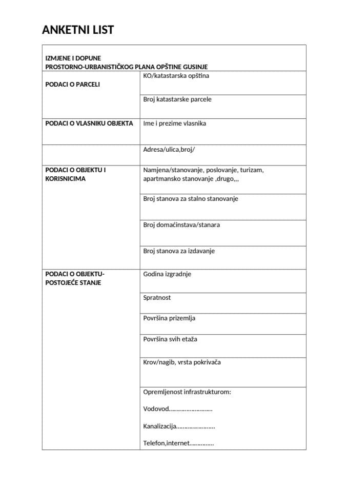 Anketni list - Izmjene i dopune Prostorno – urbanističkog plana Opštine Gusinje