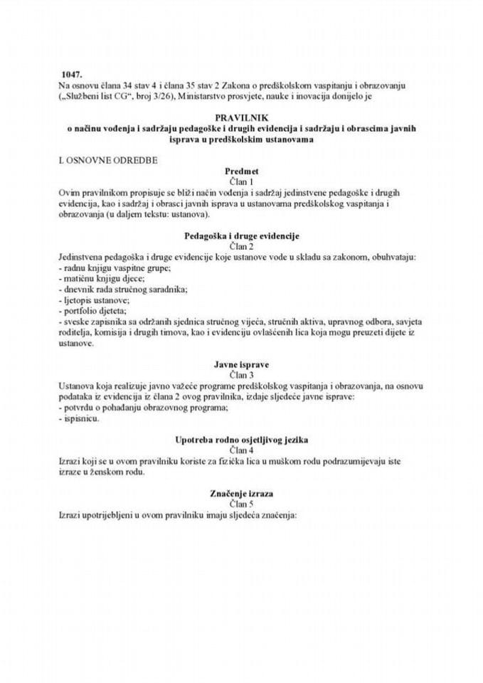 Pravilnik o načinu vođenja i sadržaju pedagoške i drugih evidencija i sadržaju i obrascima javnih isprava u predškolskim ustanovama
