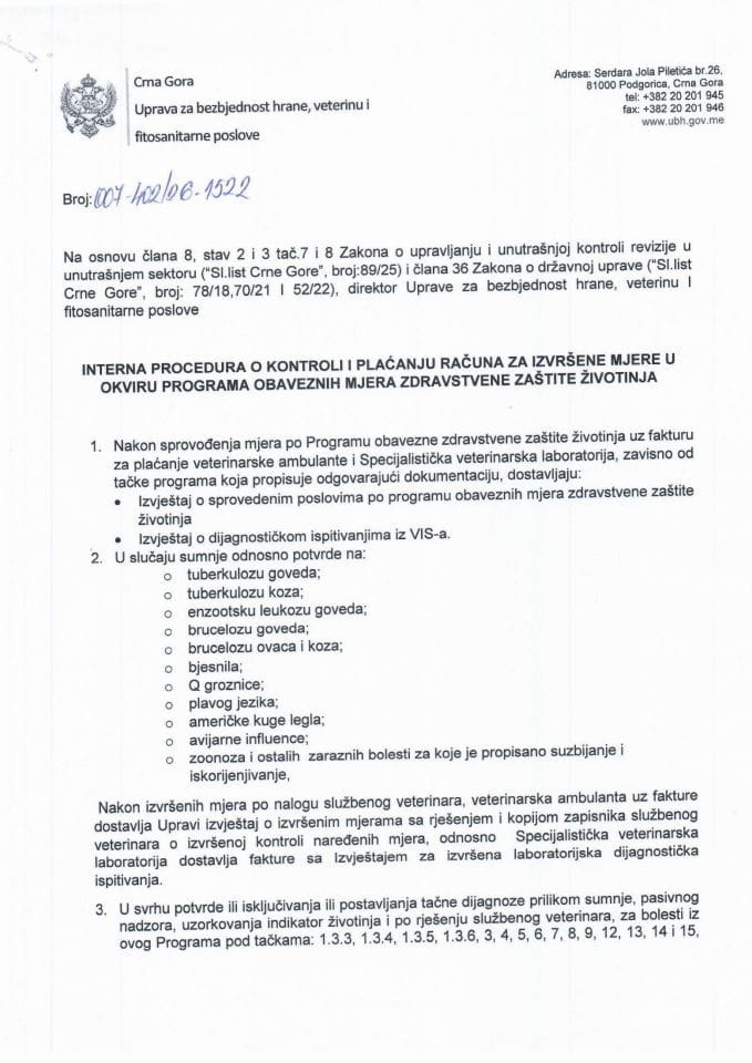 INTERNA PROCEDURA O KONTROLI I PLAĆANJU RAČUNA ZA IZVRŠENE MJERE U OKVIRU PROGRAMA OBAVEZNIH MJERA ZDRAVSTVENE ZAŠTITE ŽIVOTINJA