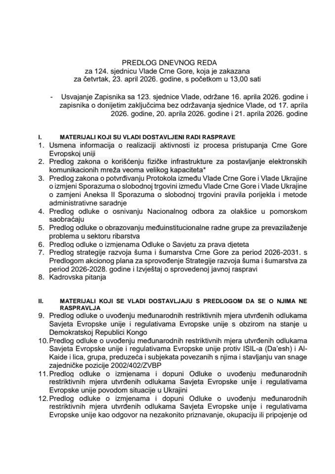 Predlog dnevnog reda za 124. sjednicu Vlade Crne Gore
