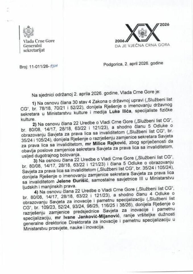 Kadrovska pitanja sa 120. sjednice Vlade Crne Gore - zaključci