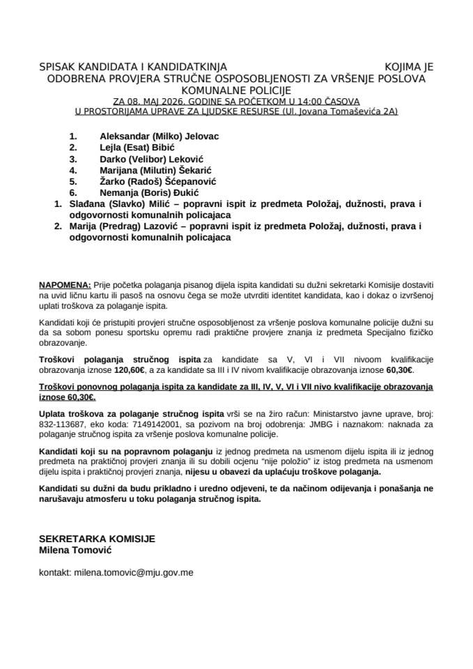 Spisak kandidata- 8. maj 2026. godine- komunalni policajci