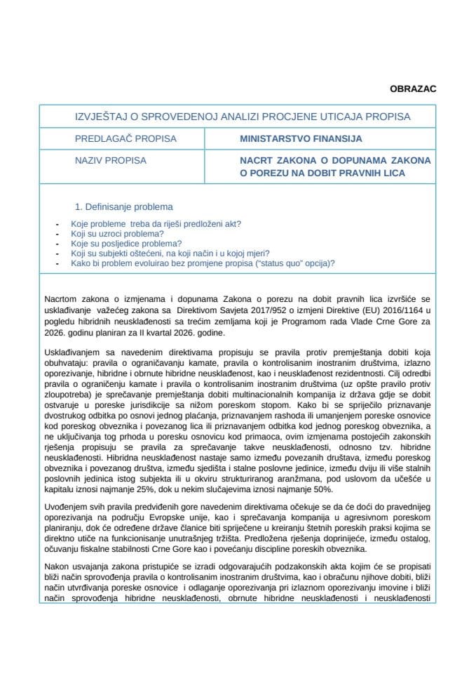 РИА Образац за Нацрт закона о допунама Закона о порезу на добит правних лица