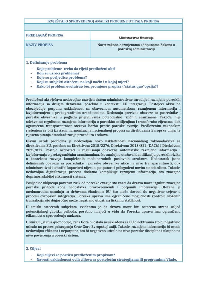 RIA obrazac - Nacrt zakona o izmjenama i dopunama Zakona o poreskoj administraciji