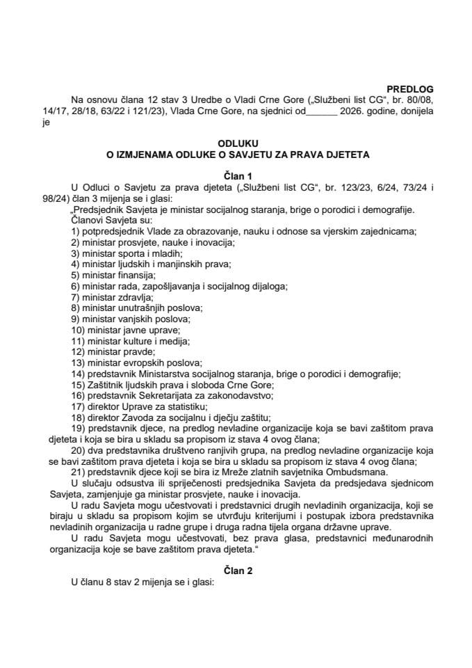 Predlog odluke o izmjenama Odluke o Savjetu za prava djeteta