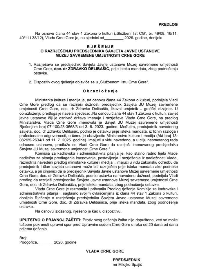 Predlog za razrješenje predsjednika Savjeta JU Muzej savremene umjetnosti Crne Gore