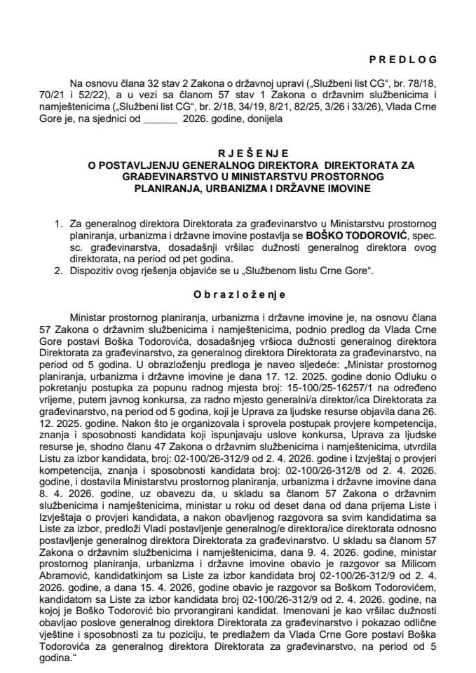Predlog za postavljenje generalnog direktora Direktorata za građevinarstvo u Ministarstvu prostornog planiranja, urbanizma i državne imovine