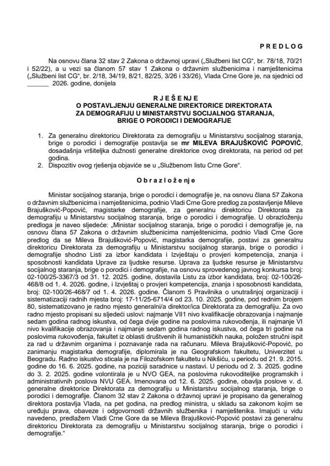 Predlog za postavljenje generalne direktorice Direktorata za demografiju u Ministarstvu socijalnog staranja, brige o porodici i demografije