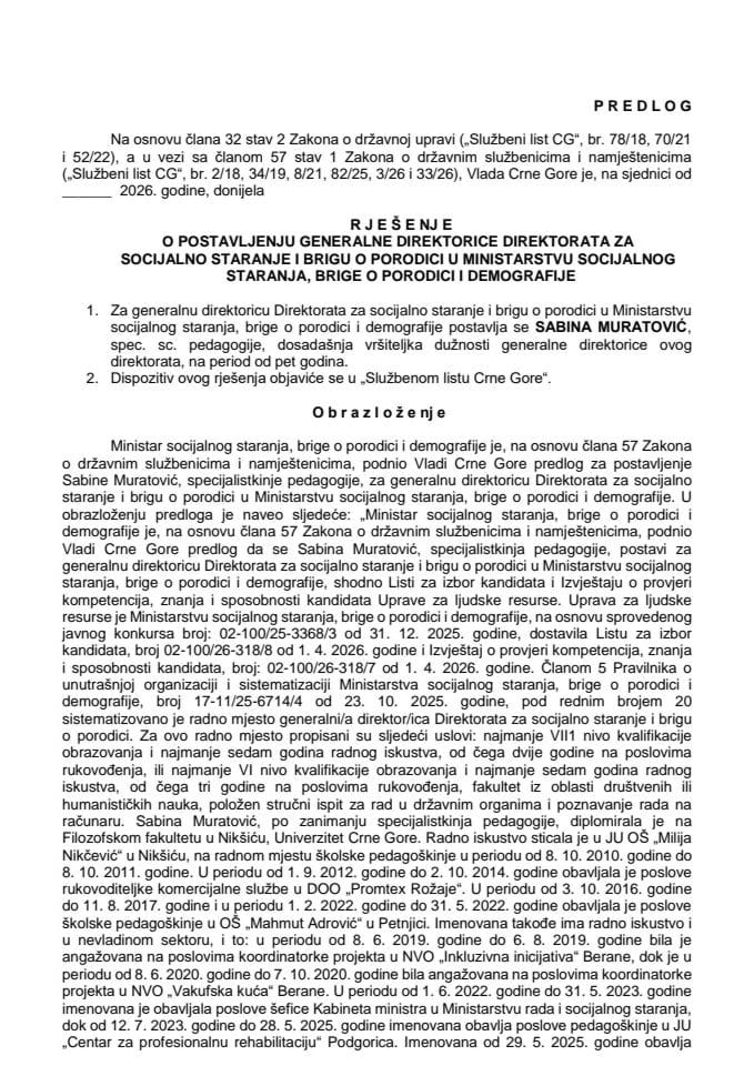 Predlog za postavljenje generalne direktorice Direktorata za socijalno staranje i brigu o porodici u Ministarstvu socijalnog staranja, brige o porodici i demografije