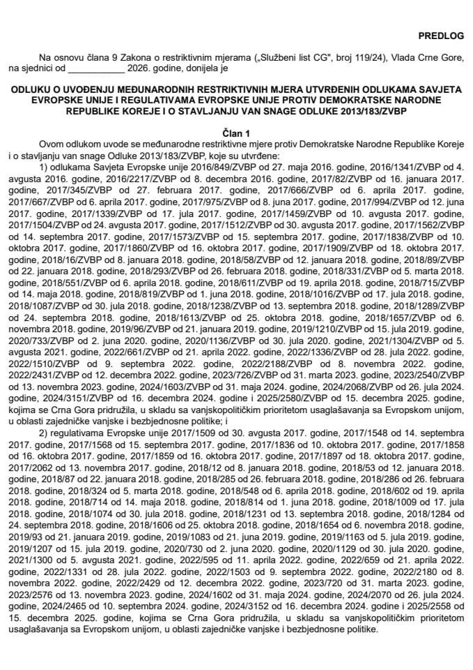 Predlog odluke o uvođenju međunarodnih restriktivnih mjera utvrđenih odlukama Savjeta Evropske unije i regulativama Evropske unije protiv Demokratske Narodne Republike Koreje i o stavljanju van snage Odluke 2013/183/ZVBP