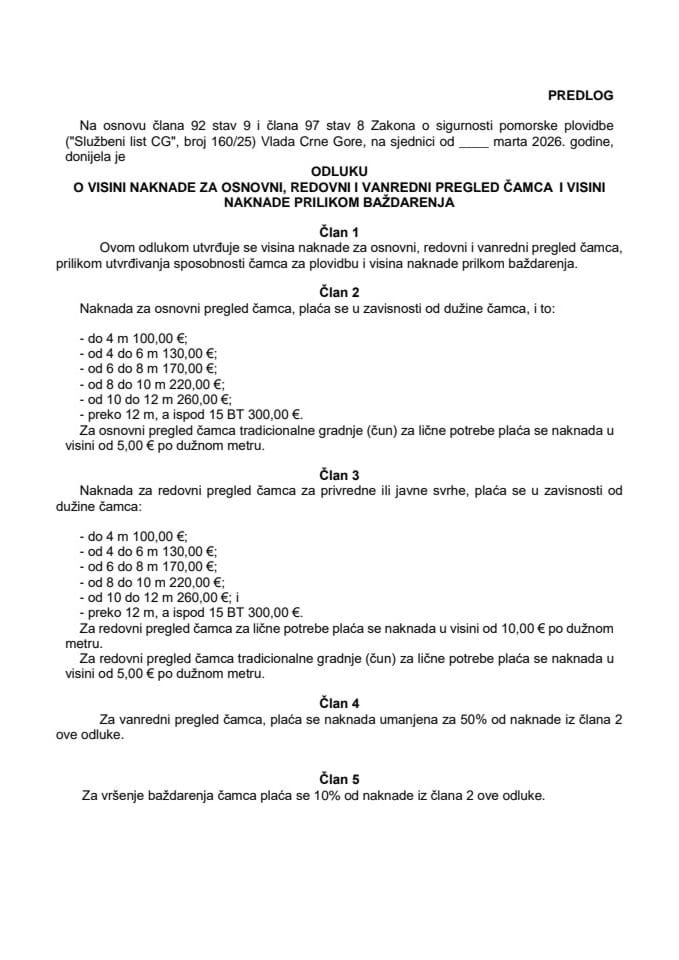 Predlog odluke o visini naknade za osnovni, redovni i vanredni pregled čamca i visini naknade prilikom baždarenja