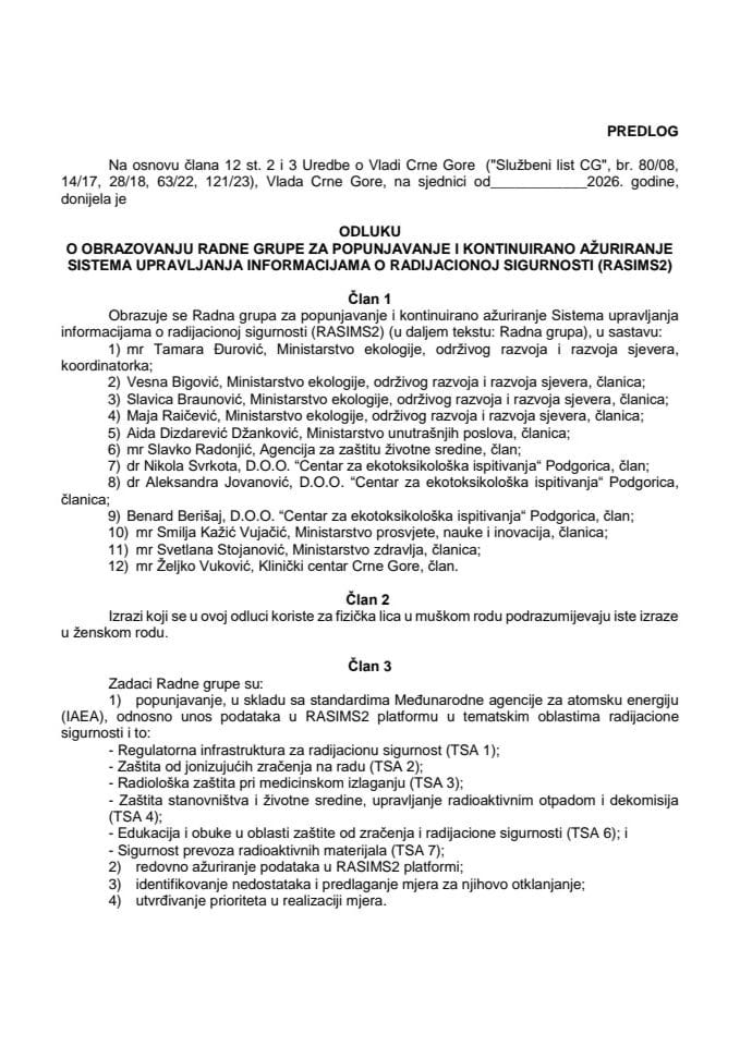 Predlog odluke o obrazovanju Radne grupe za popunjavanje i kontinuirano ažuriranje Sistema upravljanja informacijama o radijacionoj sigurnosti (RASIMS2)