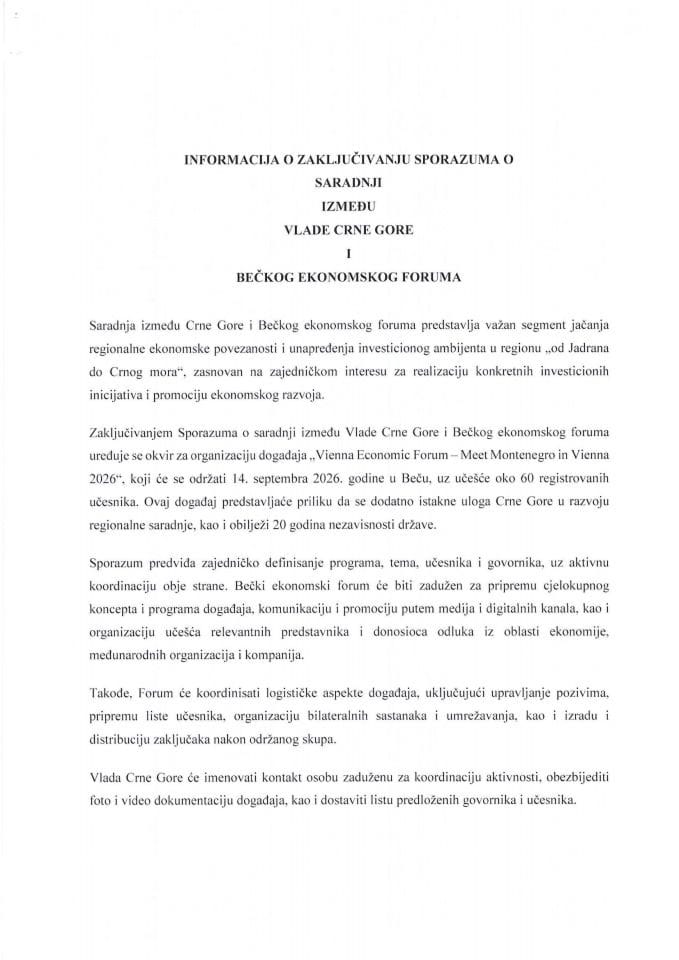 Informacija o zaključivanju Sporazuma o saradnji između Vlade Crne Gore i Bečkog ekonomskog foruma s Predlogom sporazuma