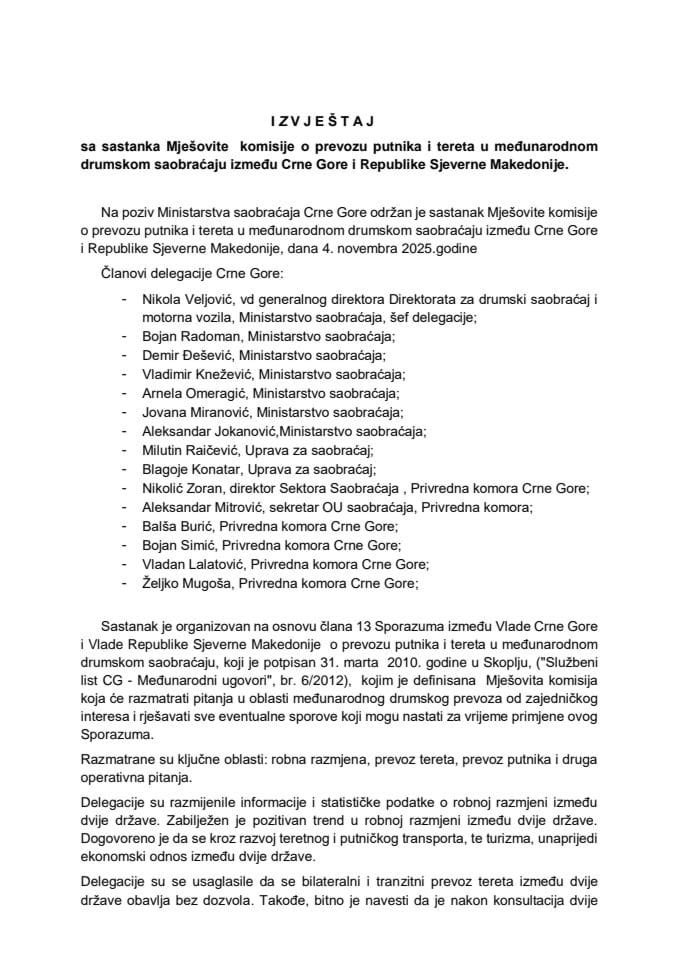 Izvještaj sa sastanka Mješovite komisije o prevozu putnika i tereta u međunarodnom drumskom saobraćaju između Crne Gore i Republike Sjeverne Makedonije