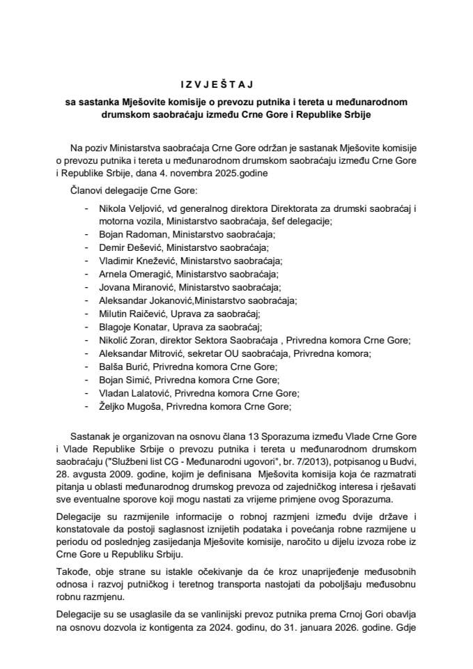 Izvještaj sa sastanka Mješovite komisije o prevozu putnika i tereta u međunarodnom drumskom saobraćaju između Crne Gore i Republike Srbije