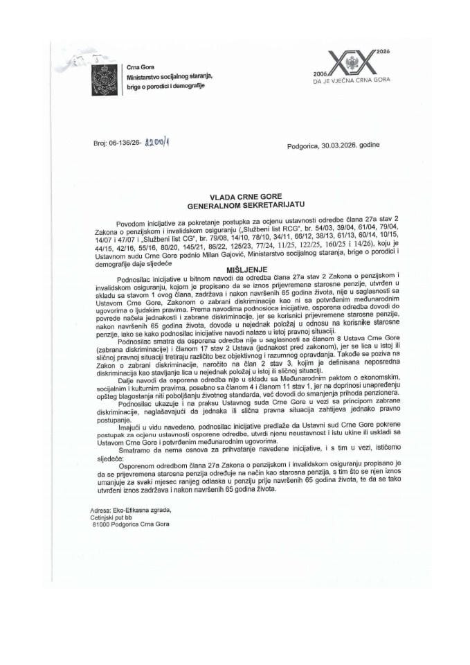 Predlog mišljenja na Inicijativu za pokretanje postupka za ocjenu ustavnosti odredbe člana 27a stav 2 Zakona o penzijskom i invalidskom osiguranju koju je podnio Milan Gajović, iz Podgorice