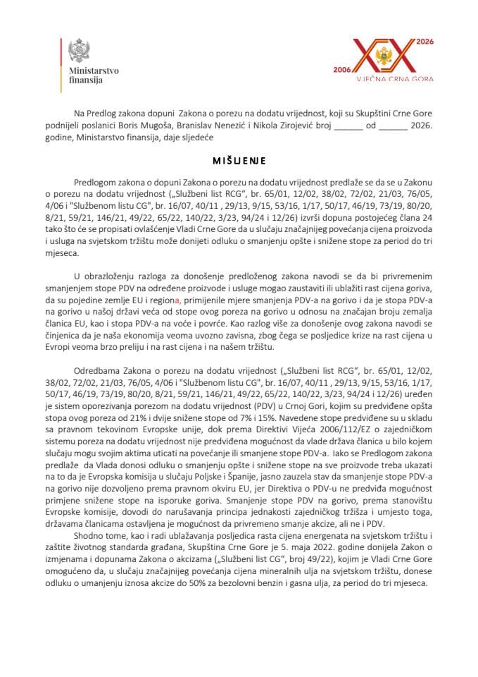 Predlog mišljenja na Predlog zakona o izmjeni Zakona o porezu na dodatu vrijednost (predlagači poslanici Boris Mugoša, Branislav Nenezić i Nikola Zirojević)