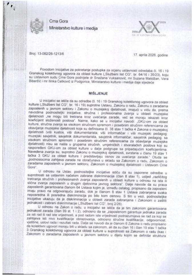 Predlog mišljenja na Inicijativu za pokretanje postupka za ocjenu ustavnosti odredaba čl. 16 i 19 Granskog kolektivnog ugovora za oblast kulture koju su podnijele dr Snežana Vuksanović, mr Suzana Malidžan, Vera Biberdžić i mr Ilinka Ćetković, iz Podgorice