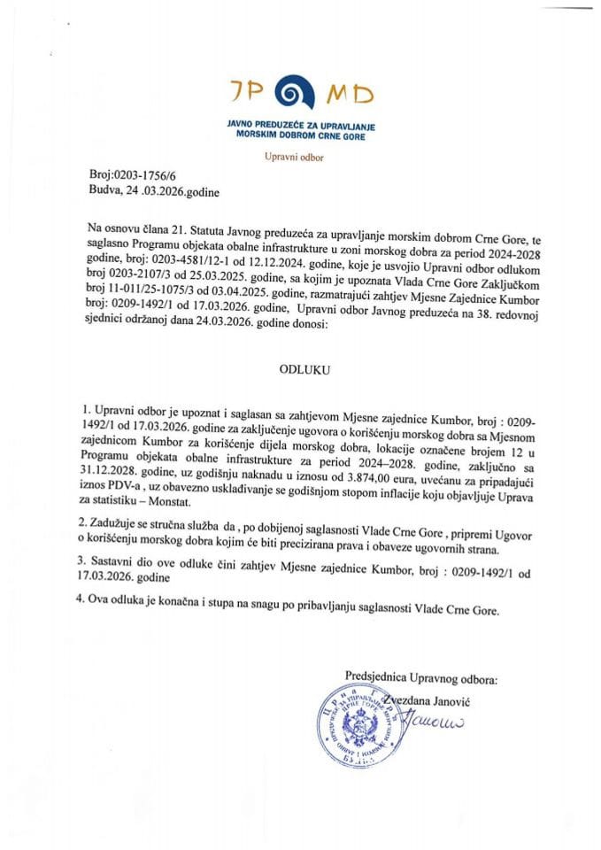 Odluka Upravnog odbora Javnog preduzeća za upravljanje morskim dobrom Crne Gore br: 0203-1756/6 od 24.03.2026. godine