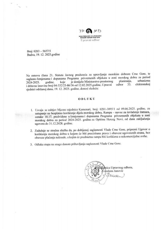 Odluka Upravnog odbora Javnog preduzeća za upravljanje morskim dobrom Crne Gore br: 0203-5657/5 od 19.12.2025. godine
