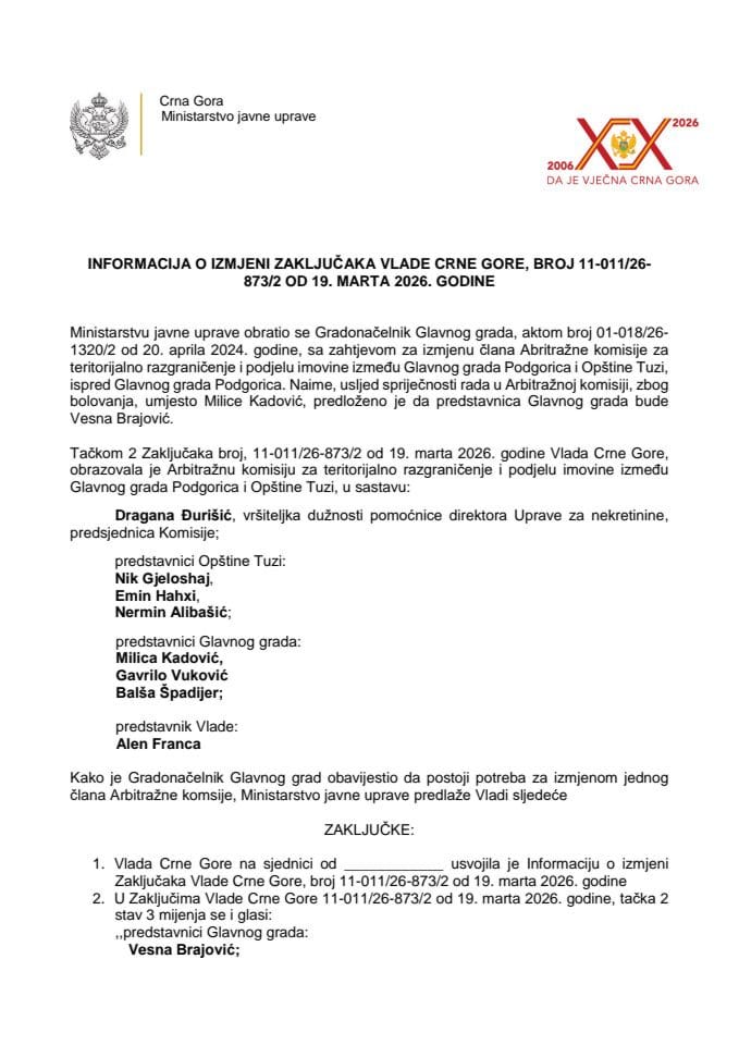 Infomacija o izmjeni Zaključaka Vlade Crne Gore, broj: 11-011/26-873/2, od 19. marta 2026. godine