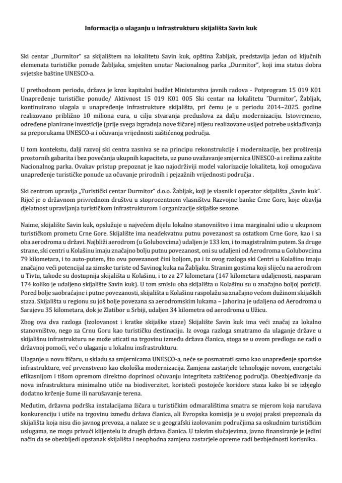 Informacija o ulaganju u infrastrukturu skijališta Savin kuk