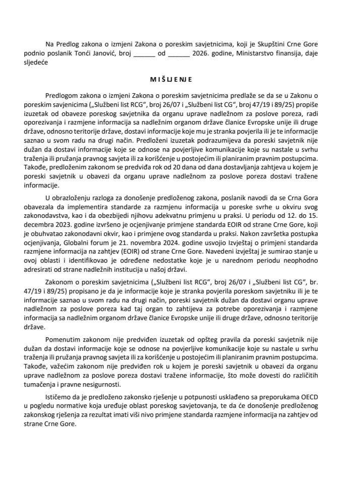 Predlog mišljenja na Predlog zakona o izmjeni Zakona o poreskim savjetnicima (predlagač poslanik Tonći Janović)