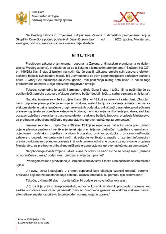 Predlog mišljenja na Predlog zakona o izmjenama i dopunama Zakona o klimatskim promjenama (predlagač poslanik dr Dejan Đurović)