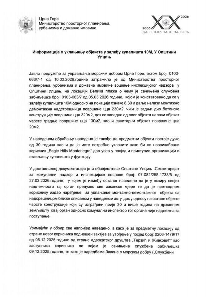 Informacija o uklanjanju objekata u zaleđu kupališta 10 m, u Opštini Ulcinj
