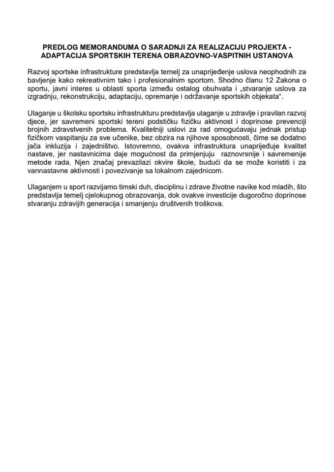 Predlog memoranduma o saradnji za realizaciju projekta - adaptacija sportskih terena obrazovno-vaspitnih ustanova