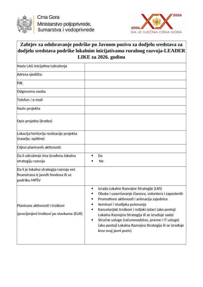ZAHTJEV ZA ODOBRAVANJE PODRŠKE 2026
