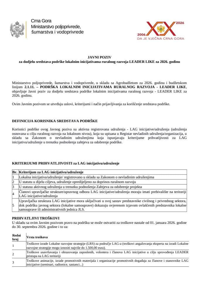 Javni poziv za dodjelu sredstava podrške lokalnim inicijativama ruralnog razvoja LEADER LIKE za 2026. godinu